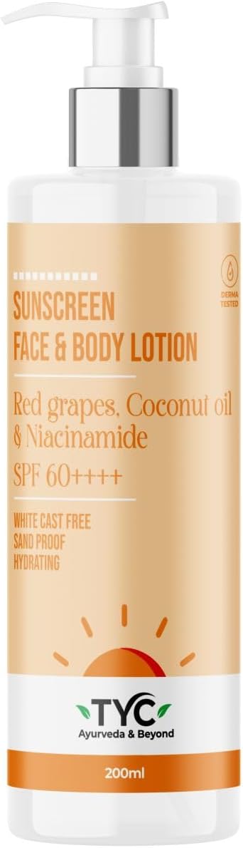 TYC - TRUST YOUR CHOICE Sunscreen Spf 60++++ Face And Body Lotion, With Coconut Oil And Niacinamide, No White Cast And Sand Proof, Hydrating Ayurvedic And Natural, For All Skin Types (200 Ml)