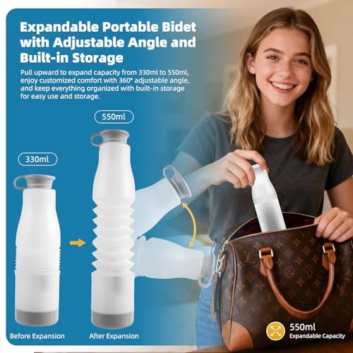Image of Hibbent Portable Bidet for Travel, High Pressure Electric Handheld Bidet Sprayer, 350-550ML Expandable Bottle for Personal Hygiene, USB-C Rechargeable Waterproof, Travel Sprayer for Women & Men, Black