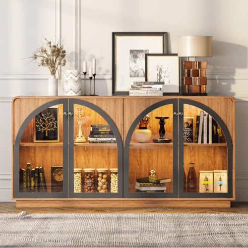 Image of Sideboard Buffet Cabinet with Storage, 68 inch Black Credenza Accent Cabinet Buffet Table w /4 Arched Glass Doors & LED Light, Modern Coffee Bar Liquor Cabinet w /2 Shelves for Kitchen Entryway