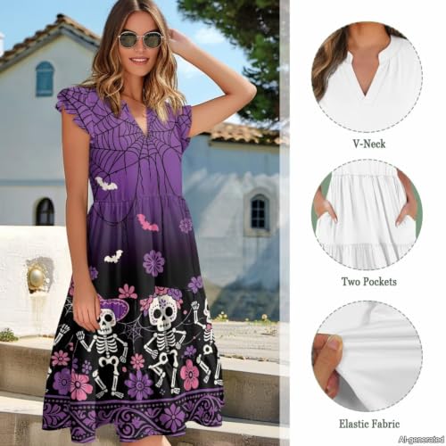 Image of Womens Summer Dress Ruffle Sleeve V Neck Dress Casual Fit Flowy Beach Vacation Sundress with Pocket S-2XL
