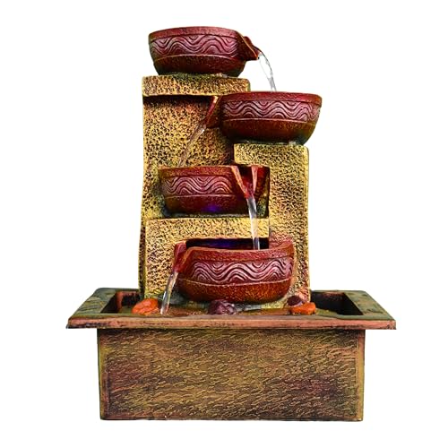 Image of 4 Indoor Tabletop Water Fountain, Polyresin Cascading Waterfall Showpiece with Running Water and Light, Decorative Fountain for Home, Office, Living Room, Meditation, Vastu, Desk Decor
