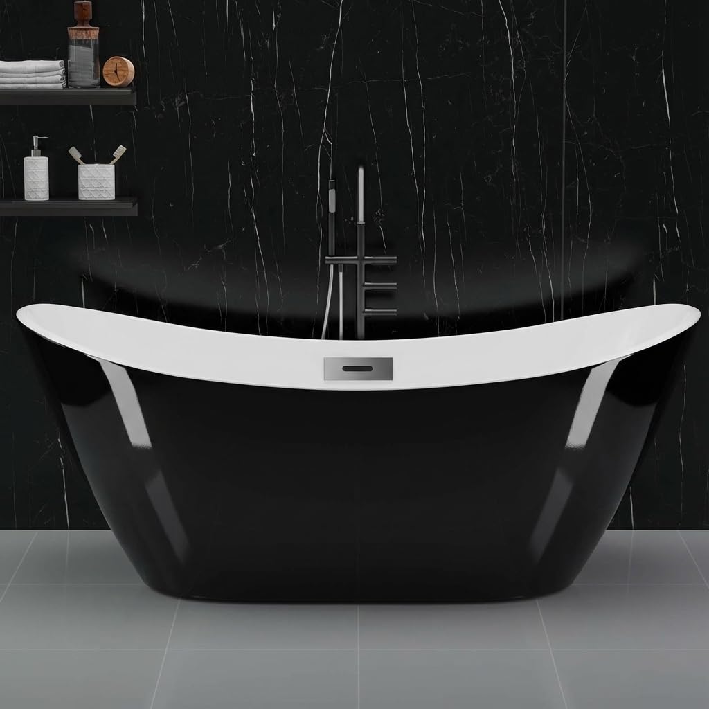 67 Inch Acrylic Freestanding Bathtub, Acrylic Soaking Bathtub with Matte Drain and Overflow, Modern Square Tub, CUPC Certified, Deep Ergonomic Design, Double-Walled Insulation, Easy Installation