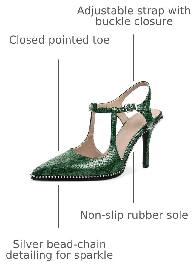 Image of SAMMITOP Womens High Heels Ankle Strap Pointed Toe Stilettos Patent Leather Beaded Pumps Dress Shoes 3.5 Inch