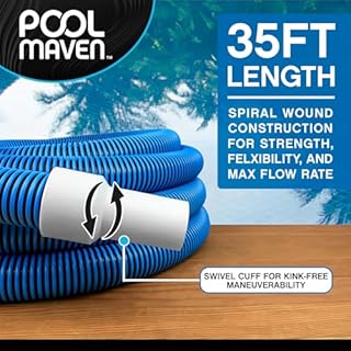 POOLMAVEN Heavy-Duty Manual Pool Vacuum Hose, 35 Ft x 1-1/2”, Kink-Free Swivel Cuff, Professional Grade Spiral-Wound Design, UV & Chemical Resistant for Inground & Above Ground Pools, Made in USA