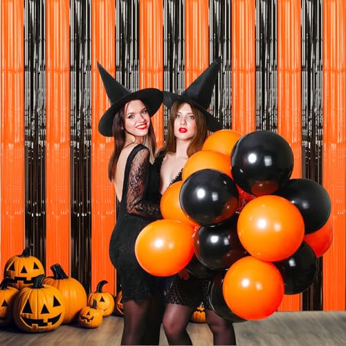 Image of Accevo Black Orange Party Streamers 3Pack 3.2ft x 8.2ft Tinsel Black Orange Streamers Party Decorations Door Decorations Foil Fringe Curtain Halloween Christmas Party Decorations Orange Party Decor