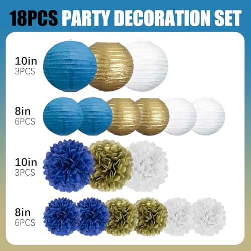 Image of 18 PCS Blue White Gold Paper Lanterns & Tissue Paper Pom Poms for Men's Birthday, Graduation 2026, Wedding, Hanging Paper Party Decoration Set for Indoor Outdoor Events Theme Party Supplies
