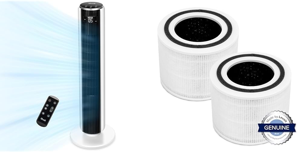 LEVOIT Tower Fan for Bedroom, 25ft/s Velocity 28dB Bladeless Oscillating Fan & Core 300 Air Purifier Replacement Filter, 3-In-1 Filter, Efficiency Activated Carbon, Core300-RF, 2 Pack, White