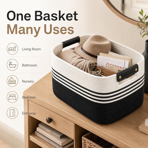 Image of Cotton Rope Laundry Basket Small, 12.8GAL Collapsible Woven Storage Baskets for Living Room Kids Toys Stuffed Animal,Boho Rectangular Decorative Short Hamper for Dirty Clothes, Blankets White Black