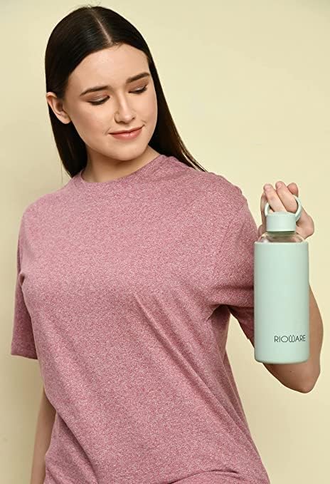 Rioware® Aquashot Borosilicate Glass Water Bottle with Silicon Sleeve (750ml) | Airtight lid | Leak Proof | Silicon Cap | Fridge Water Bottles for Home, Office & Gym -Pack of 02(Green)