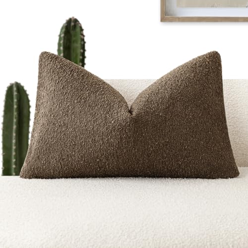 Image of Foindtower Decorative Textured Boucle Throw Pillow Covers Accent Solid Lumbar Pillow Cases Neutral Soft Couch Cushion Case for Chair Sofa Bedroom Living Room Home Decor 12x20 Inch,1PC,Chocolate