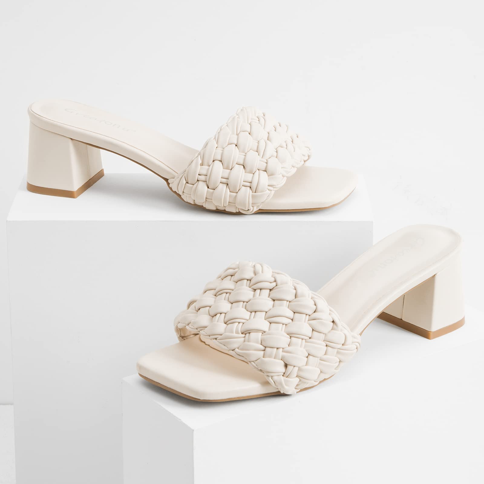 Greatonu Women's Braided Sandals with Block Heel Square Open Toe Mules Heels Summer Dressy Shoes for Women