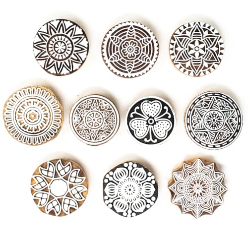 Image of Hashcart Wooden Indian Traditional Design Printing Stamps / Blocks for Printing Saree Border / Dresses / Craft Card Making / Scrapbook / Clay Pottery (Set of 10)