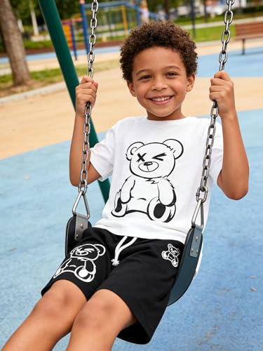 Image of KIDLAGA Kids Toddler Boy Clothes Outfits Bear Print Tee + Plaid Shorts 2 Pieces Summer Shorts Set