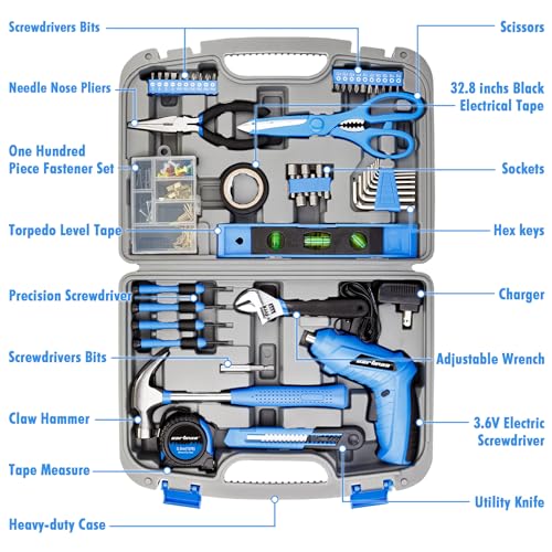 CARTMAN 149 Piece Tool Set General Household Hand Tool Kit with Cordless Screwdriver Blue