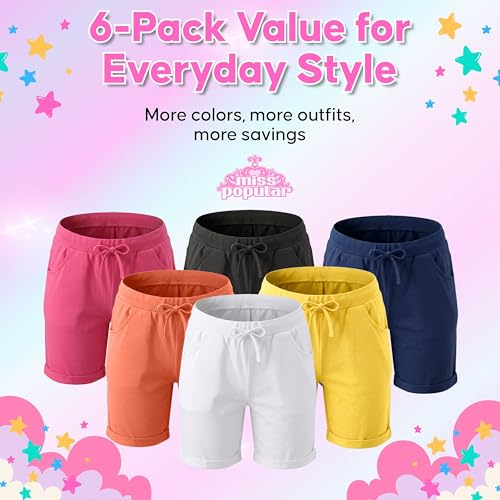 Image of MISS POPULAR Girls 6-Pack Bermuda Short Sizes 4-16 Comfortable Cotton, Elastic Waistband, Bow-Tie, Pockets & Many Colors