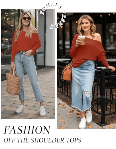 Image of Aifer Women's Off The Shoulder Tops Sexy Long Sleeve Shirts Oversized Fashion Casual Batwing Sweaters Pullover Tunic Tops
