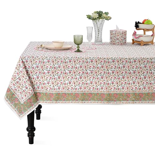 Ridhi Rose Pink Floral Vine Block Print Rectangle Tablecloth 118x70 Inch