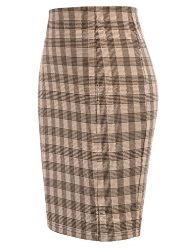 Kate Kasin Womens Knee Length Elastic Waist Stretchy Plaid Business Pencil Skirt Light Brown #TOP1