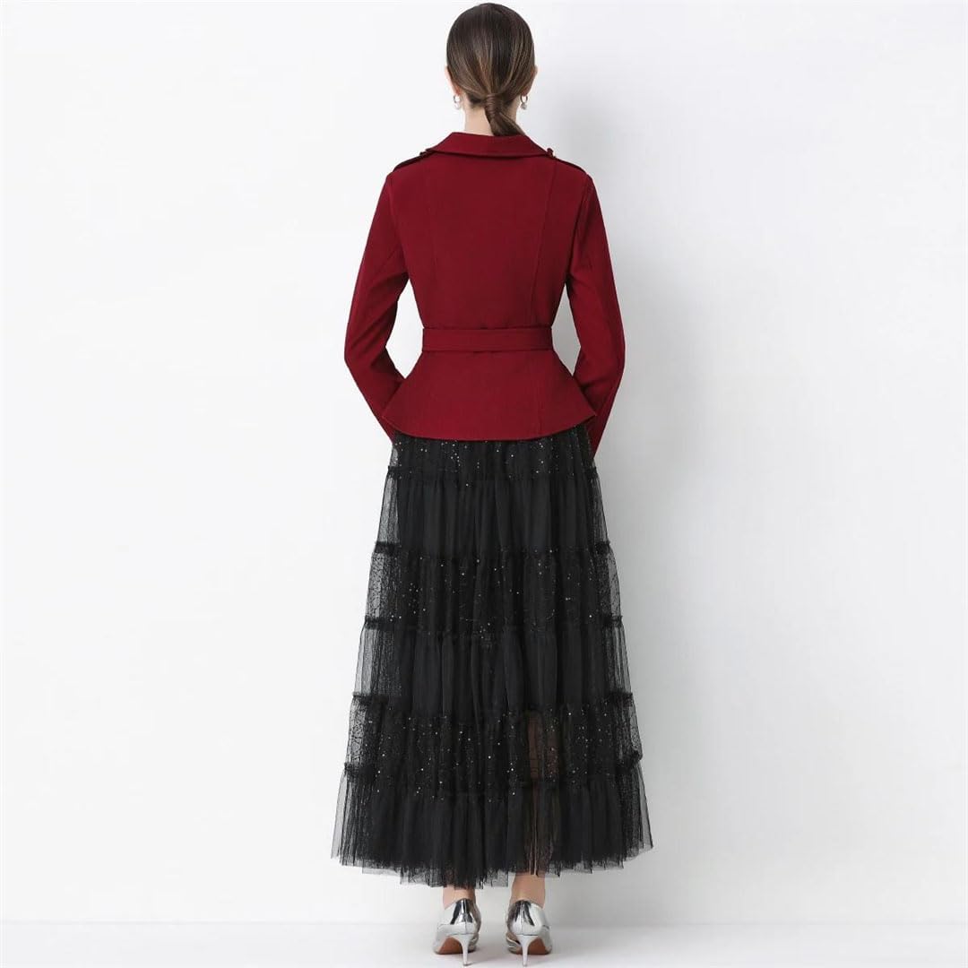 Women's Notched Collar Long Sleeve Single Breasted Mesh Jacket with Sash and Mid Calf A-Line Skirt Two Piece Workwear Set
