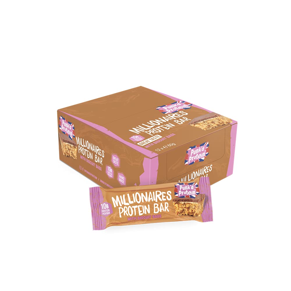 Punk'd Protein Millionaires Protein Bar (Box of 12x 60g) - Pack of 12 Handmade Millionaire Shortbread Chocolate Protein Bars (10g per Bar) | Suitable for Vegetarians