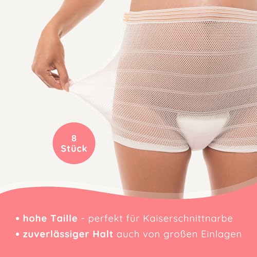 Bella Mamma Wochenbett Unterwäsche für Wöchnerinnen – 8 Stück Netzhosen (4 x 2) zur Fixierung von Wochenbettbinden | Öko-Tex | Made in EU