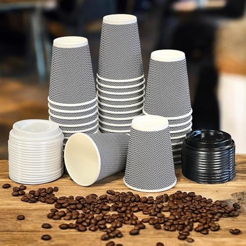 HOT BARGAINS 12oz Disposable Coffee Cups with lids, 360ml Triple Layered Recyclable Paper Cups for hot and Cold Drinks, Black Ripple Design, 50 Count