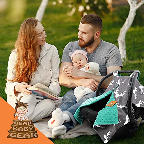 Image of Dear Baby Gear - 40x30 Car Seat Canopy, Infant Carrier Cover for Boys & Girls, Cozy Fall Baby Gift, Nursing & Stroller Use, Newborn Travel Sunshade Accessory, Antlers on Gray, Mint Dot