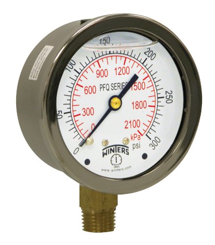 Image of Winters 2-1 /2 inch Dial Size, Liquid Filled Industrial Pressure Gauge, Brass Internals, 304 Stainless Steel Case, Dual Scale 0-300 psi /kPa, 1.5% Acc, 1 /4 inch NPT Bottom Mount, Glycerin Filled Pressure Gauge