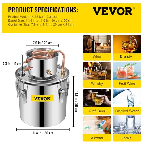 VEVOR Moonshine Still 5 Gal 21L Stainless Steel Water Alcohol Distiller Copper Tube Home Brewing Kit Build-in Thermometer for DIY Whisky Wine Brandy, 5Gal, Silver - Image 6