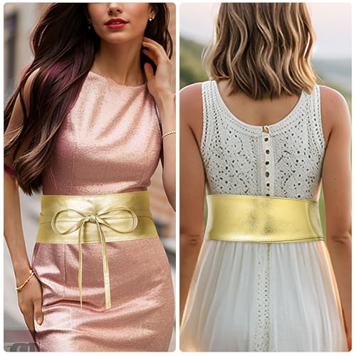 MILAKOO Wide Wrap Around Wristband Belt for Women Obi Belt Leather Retro Bowknot Lace-up Waist Belt2