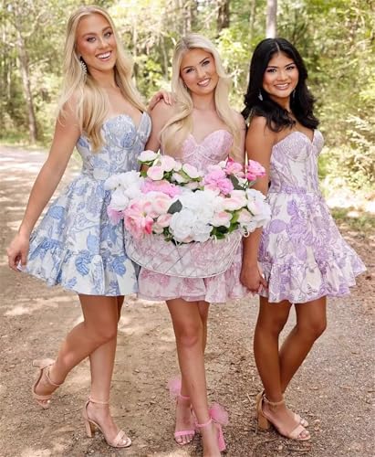 UZN Floral Satin HOCO Dress for Teens 2025 Short Homecoming Dresses Strapless Corset Formal Cocktail Gowns4