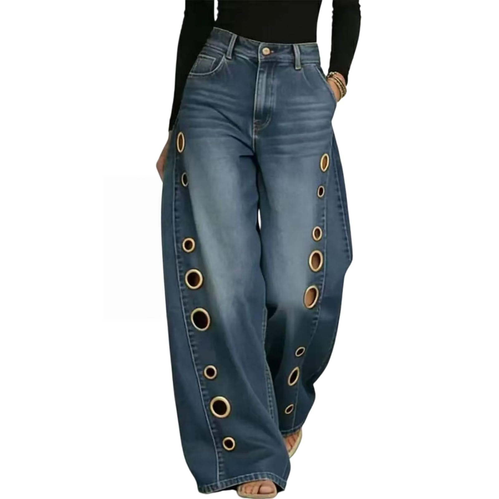 Jeans Donna con Occhielli Metallici, Vita Alta E Gamba Larga