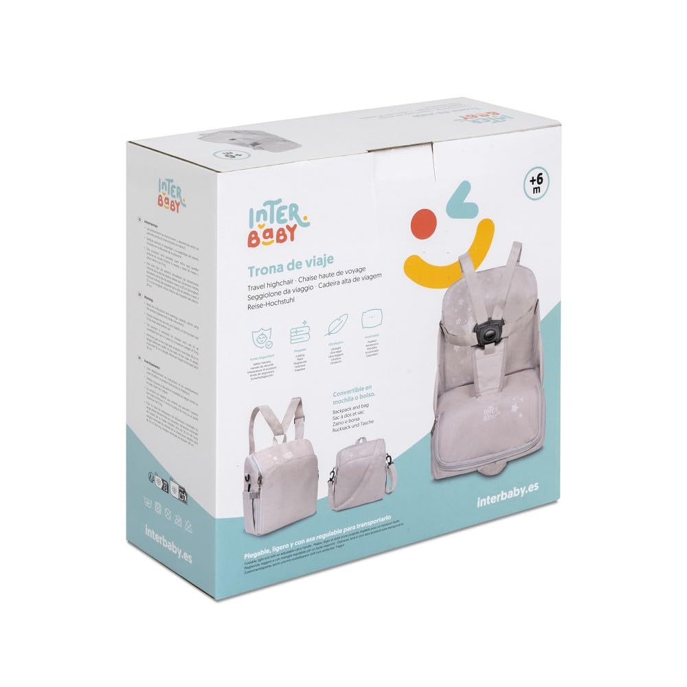 Interbaby - Chaise haute d'appoint portable pour bébé - Siège bébé - Convertible en sac à dos ou en sac - Pliable, léger et avec poignée réglable pour le transport - Étoiles grises