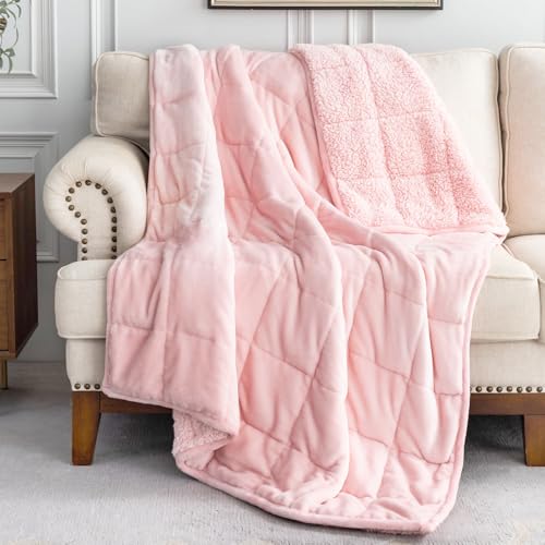 Uttermara Weighted Blanket Twin 15 Pounds, Adult Weighted Blanket for Sofa Bed, Thick Cozy Fluffy Warm Sherpa Bed Blanket with Soft Plush Flannel Fleece, Heavy Blanket Great for Sleep 48x72 inch Pink