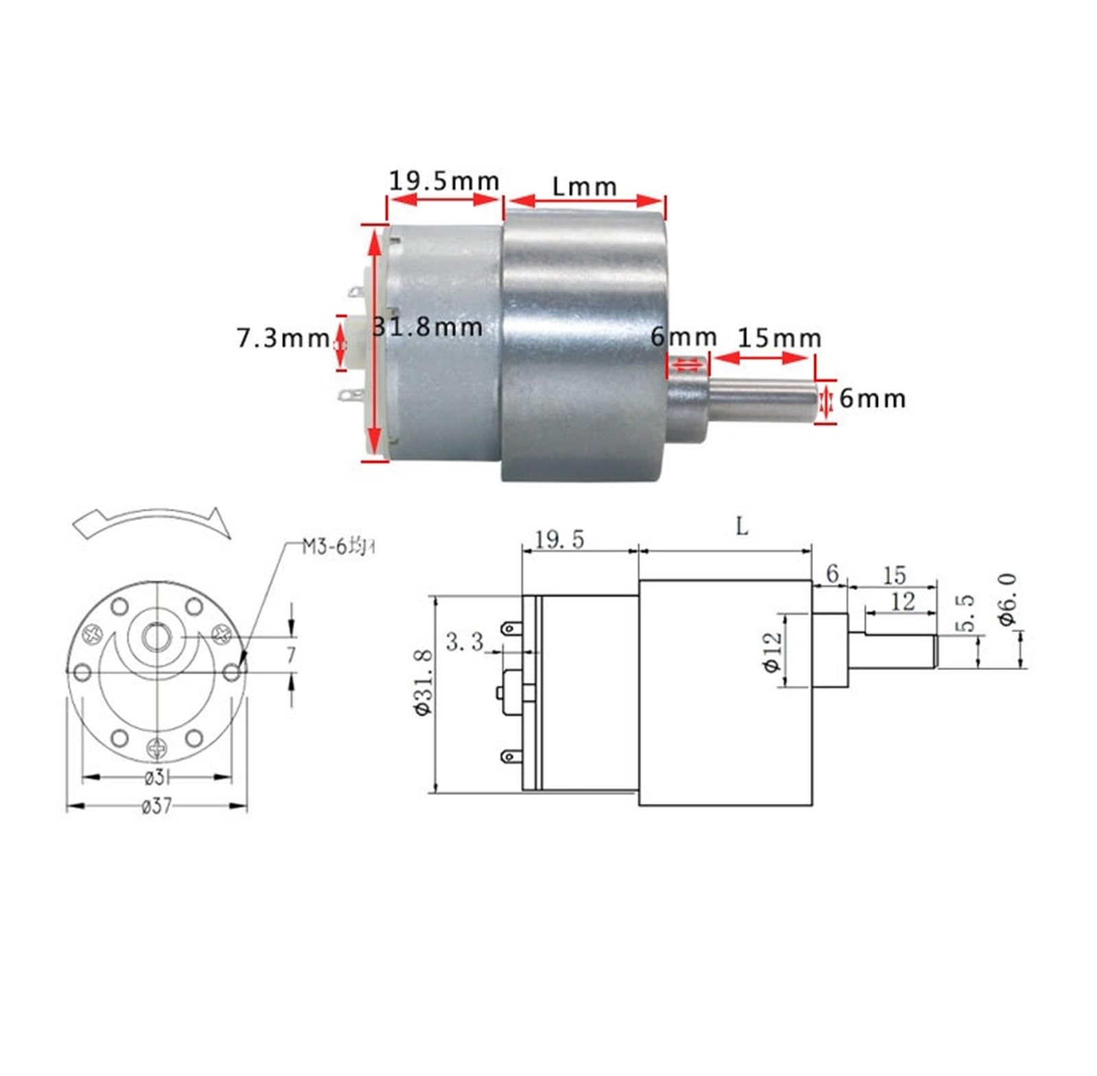 Motorreductor JGB37-500 de 37 mm, 12 V, 24 V CC, motorreductor de Metal de Alto par.(23rpm,12V)