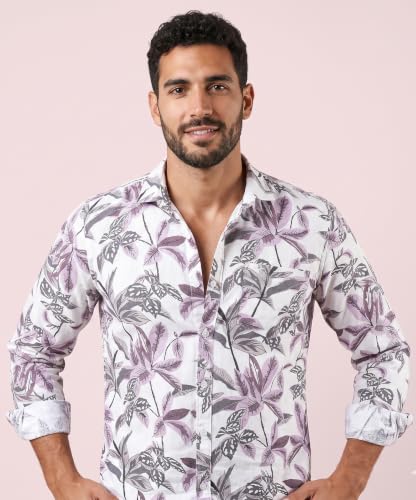 Image of UNM Men's Casual Shirt, Tropical Leaf Print on White