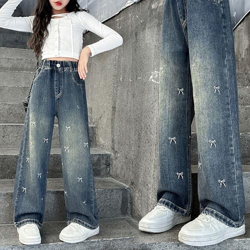 Kids Girls Baggy Wide Leg Jeans Straight Elastic High Waist Bow Distressed Denim Pants Vintage Y2k Streetwear Pockets2