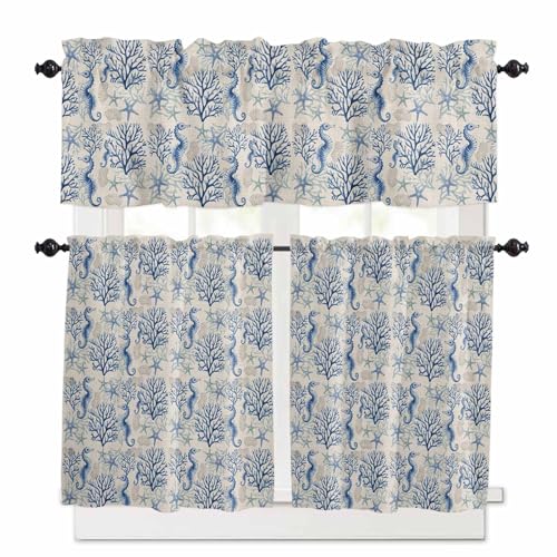 Coastal Coral Kitchen Curtains 24 Inch Length, 3 Piece Rod Pocket Small Half Tiers and Valance Set, Blue Seahorse Starfish Ocean Sea Small Large Window Treatment Decor for Bedroom/Bathroom Sink