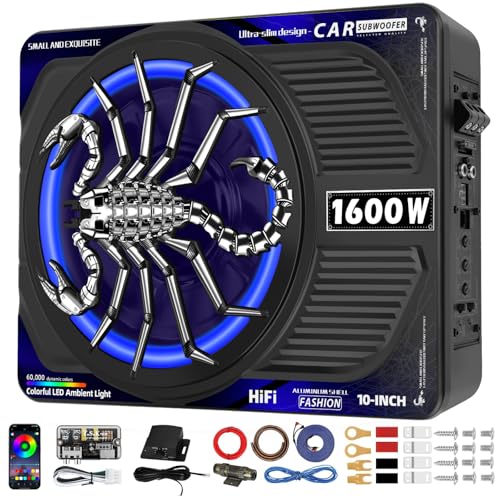 TZGBASS 2026 Upgraded 1600W Slim Underseat Car Subwoofer and Amp Package with RGB Beat-Synced Light