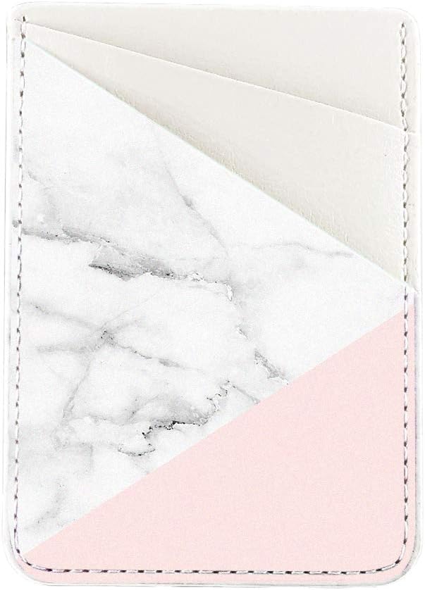Baby Pink Marble PU Leather Card Holder for Back of Phone with 3M Adhesive Stick-on Credit Card Wallet Pockets for iPhone and Android Smartphones