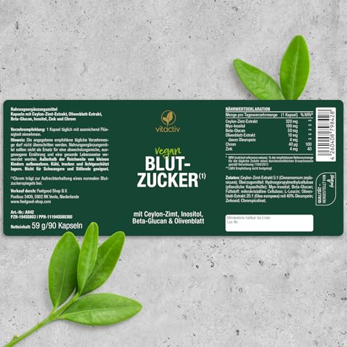 VITACTIV Blutzucker Kapseln - 90 Stück - Blutzuckerformel mit Chrom, Ceylon Zimt Extrakt, Myo Inositol, Beta Glucan, Olivenblatt Extrakt & Zink - Hochdosiert, Vegan, Laborgeprüft in Deutschland