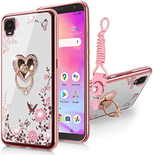 B-wishy for Alcatel TCL A3 A509DL Case for Women, Glitter Crystal Butterfly Heart Floral Slim TPU Luxury Bling Cute Protective Cover with Kickstand+Strap for Alcatel TCL A3 A509DL-Rose Gold