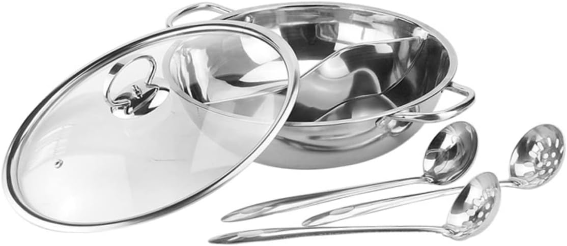 Stainless Steel Two-Flavor Hot Pot Set with Spoon Dual Compartment Cooking Pot for Home Kitchen Induction Compatible for Family Gatherings
