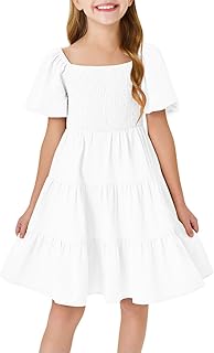 Girls Boho Square Neck Puff Sleeve Off Shoulder Smocked Tiered Casual A Line Short Mini Dress - Buy now