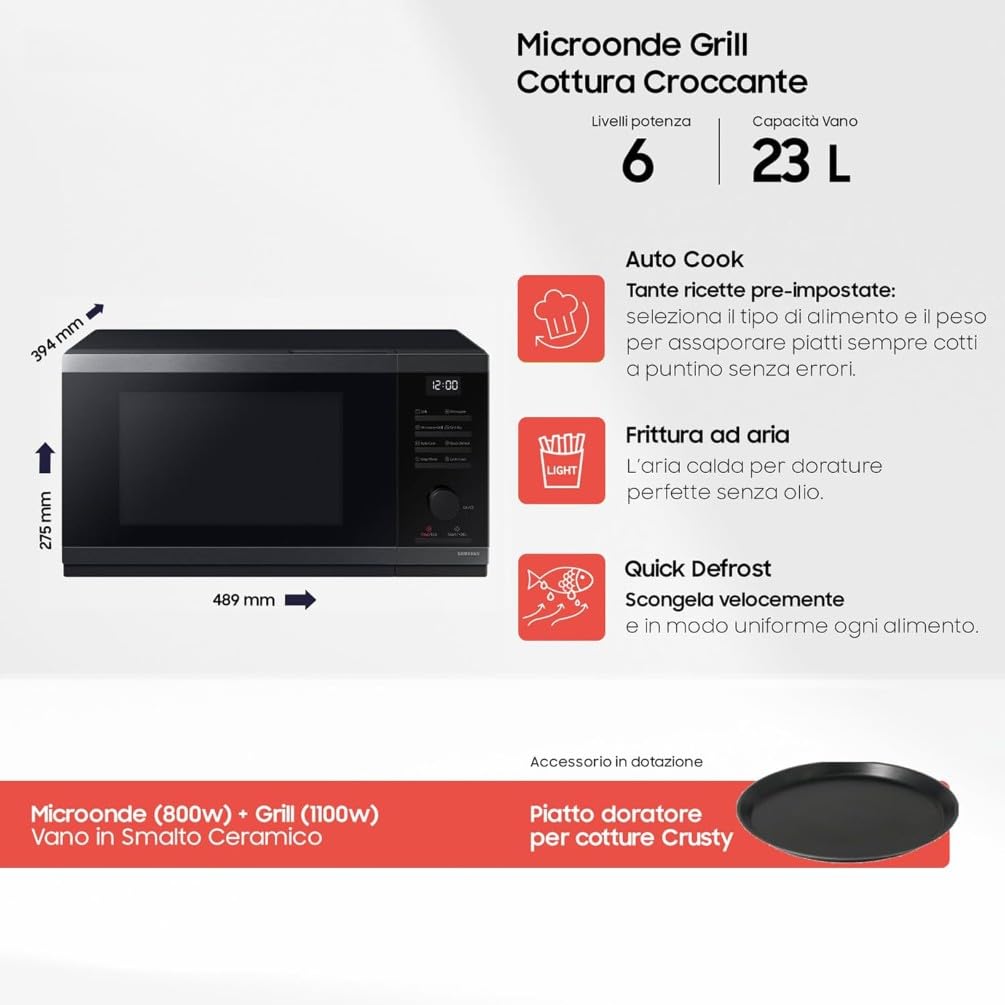 Samsung Forno a Microonde Cottura Croccante, MG23DG4524CGE1, Grill, Quick Defrost, Ricette automatiche, 23 L, LxAxP: 51,7 x 29,7 x 44 cm