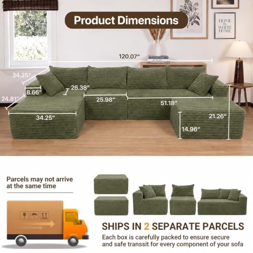 Image of Claiks 120 inch Boneless Couch, U-Shape Corduroy Sectional Sofa, Green