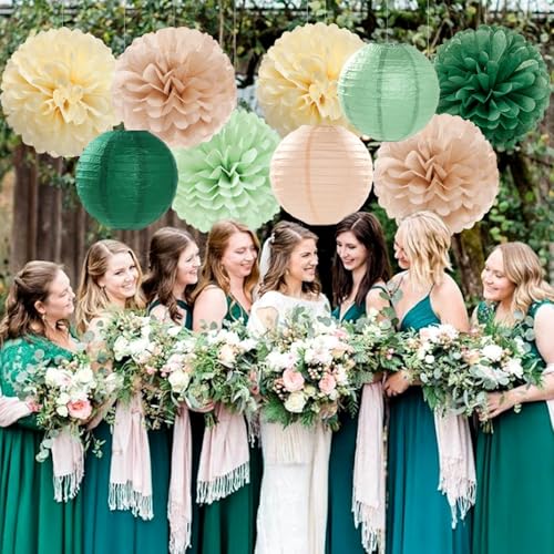 Image of Sage-Olive Green Party-Decorations Paper-Flowers Lanterns - 15PCS Safari Boho Birthday Rustic Tissue Pom Poms Streamers, Baby Shower Neutral Garden Wedding Graduation Hanging Supplies Decor Hugfond