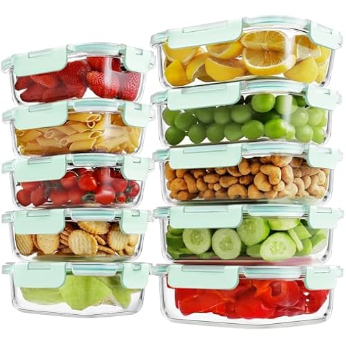 HOMBERKING 10-Pack Glass Meal Prep Containers, 36 oz/14 oz, Locking Lid Set