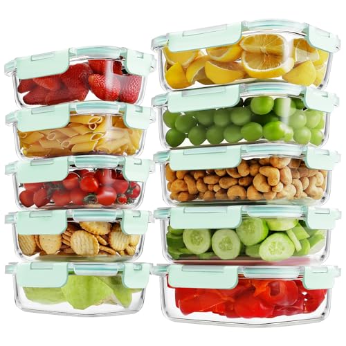 Image of 10 Pack Borosilicate Glass Meal Prep Containers with Locking Lids, Glass Food Storage Containers Set, Airtight Lunch Bento Boxes, BPA-Free & Leak Proof, 36oz & 14oz, Freezer, Oven Safe-Blue