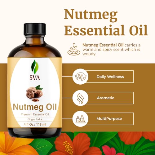 Image of SVA Nutmeg Essential Oil, Glass Bottle with Dropper, 4 Fl Oz (118 ml) | Nutmeg Essential Oil for Diffuser, Massage, Skin, Hair, Perfume Making, Soap Making, Candle Making, Fragrance & DIY Blending